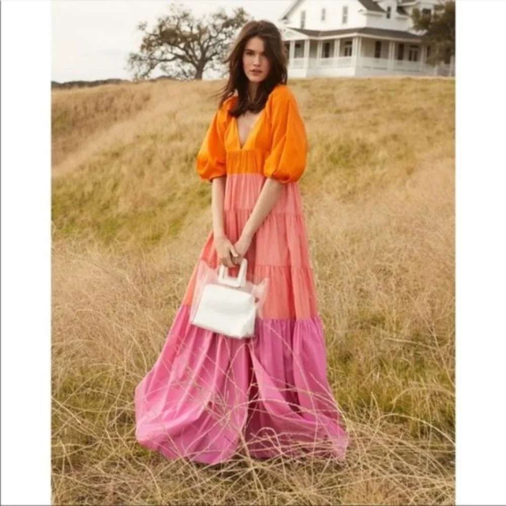 STAUD Meadow Maxi Dress Small Colorblock Ruffle Tiered Puff Sleeve